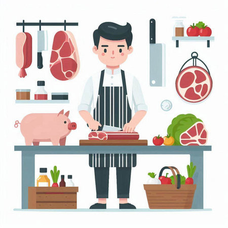 Butcher in apron cuts meat. Vector illustration in flat styleのイラスト素材