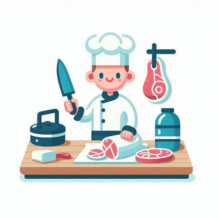 Chef cooking in kitchen. Vector illustration in flat cartoon style.のイラスト素材