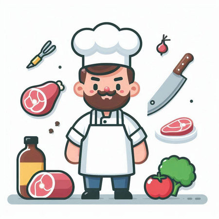 Cartoon chef character design with vegetables and meat. Vector illustration.のイラスト素材