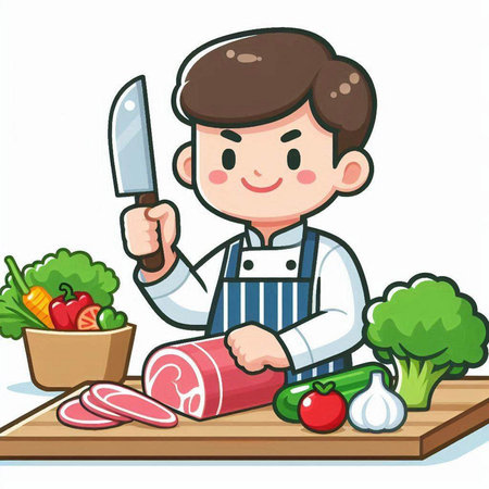 Chef cutting meat with knife and vegetable on wooden table vector illustration.のイラスト素材