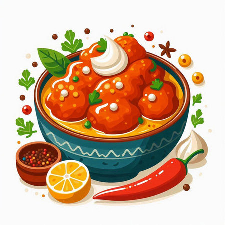Meatballs in tomato sauce in bowl with herbs and spices. Vector illustration.のイラスト素材