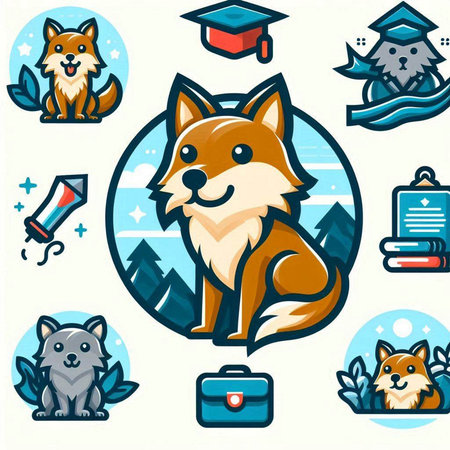Vector illustration of a set of dog school icons and symbols in cartoon style.のイラスト素材