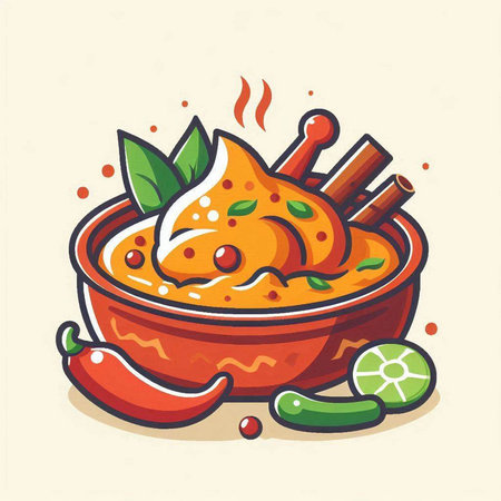 Indian chicken curry with spices in bowl. Hand drawn vector illustration.のイラスト素材