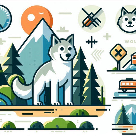 Vector illustration in flat style with the image of the wolf in the forest.のイラスト素材
