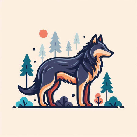 Vector illustration of a wolf standing in the forest. Linear style.のイラスト素材