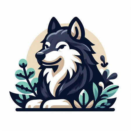 Vector image of a wolf head on a background of plants and leaves.のイラスト素材