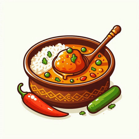 Illustration of a bowl of chicken curry with rice and chilliのイラスト素材