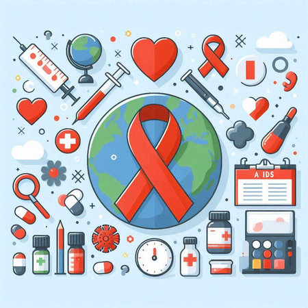 Vector illustration of World Aids Day concept with red ribbon and icons.のイラスト素材