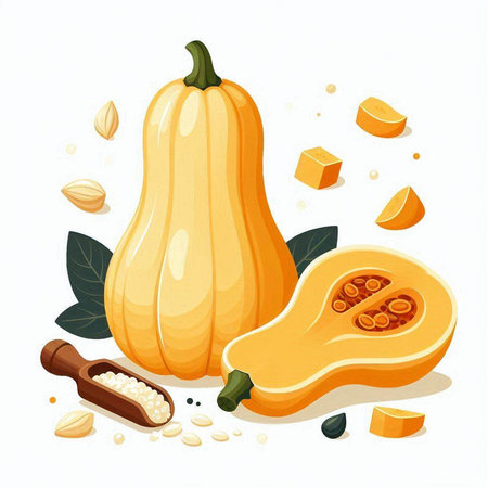 Pumpkin and pumpkin seeds on a white background. Vector illustration.のイラスト素材