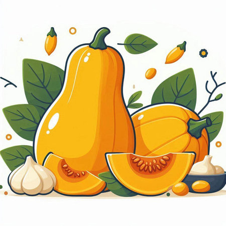 Illustration of pumpkins and other vegetables on a white background.のイラスト素材