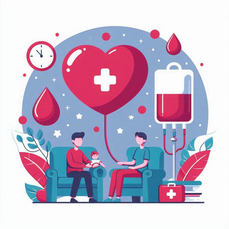 Blood donation flat color vector illustration. Doctor giving blood to patient. Healthcare and medicine conceptのイラスト素材