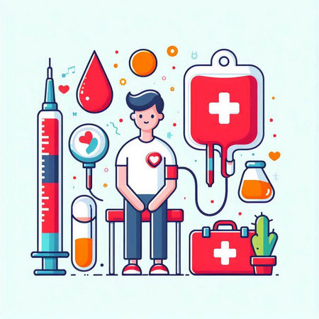Vector illustration in flat linear style with doctor, syringe, blood, first aid kit, medical equipment.のイラスト素材