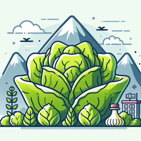 Illustration of fresh lettuce with mountains in the background. Vector illustration.のイラスト素材