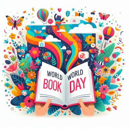 World Book Day. Hand holding book with colorful floral background. Vector illustration.のイラスト素材