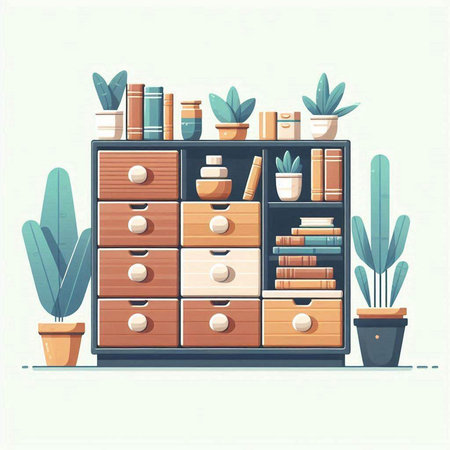Vector illustration of a shelf with books and plants. Flat design.のイラスト素材