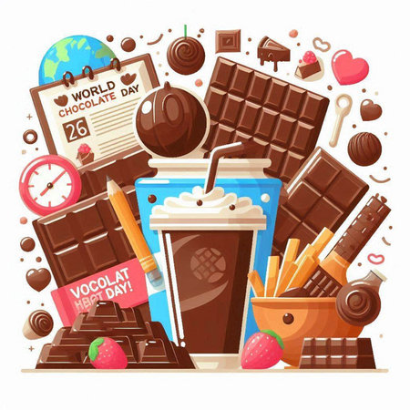 Coffee break concept. Coffee cup, chocolate bar, chocolate and sweets. Vector illustrationのイラスト素材