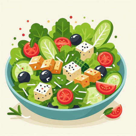 Salad with feta cheese and olives. Vector illustration.のイラスト素材