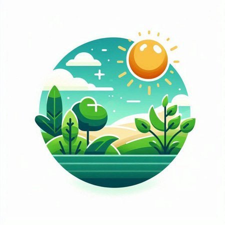 Vector illustration of a summer landscape with sun, grass, trees and sky.のイラスト素材