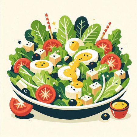 Healthy salad with cherry tomatoes, cheese and olives. Vector illustration.のイラスト素材