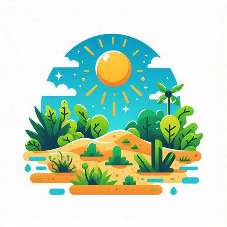 Vector illustration of a summer landscape with sun, trees and bushes.のイラスト素材