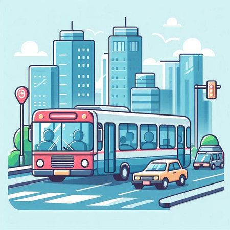 City transport. Bus, car, bus, tram. Vector illustrationのイラスト素材