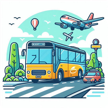 Bus on the road. Vector illustration in flat cartoon style. Traveling by bus.のイラスト素材