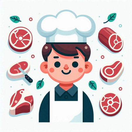 Cute boy in chef hat and apron cooking meat. Vector illustration.のイラスト素材