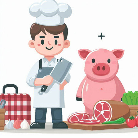 Vector illustration of a cartoon chef with a knife and a pig.のイラスト素材