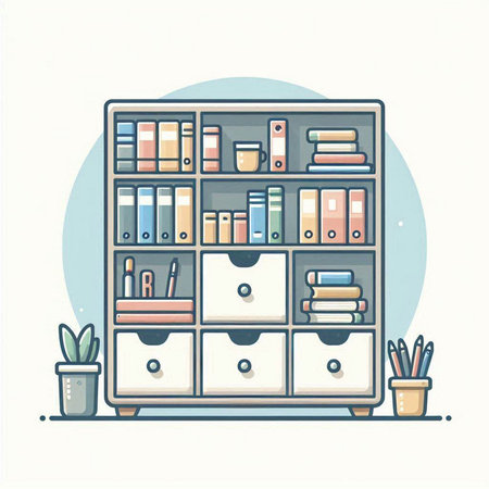 Bookcase with books and accessories. Vector illustration in flat style.のイラスト素材