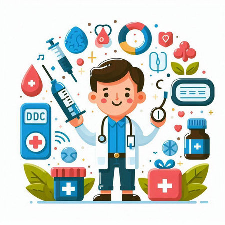 Vector illustration of a boy in a medical uniform with a stethoscope and various icons around him.のイラスト素材