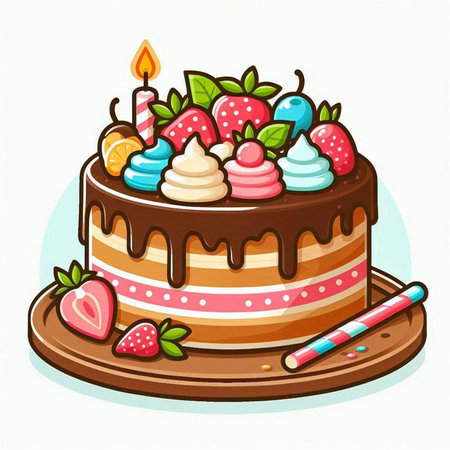 Birthday cake with strawberry, cream and candles. Vector illustration.のイラスト素材
