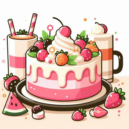 Illustration of a Strawberry Cake with a Cup of Coffee and Strawberriesのイラスト素材