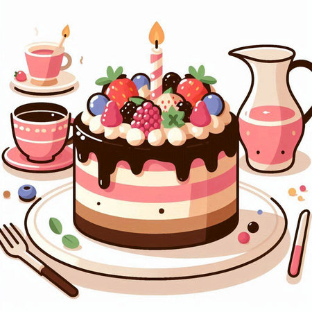 Illustration of a Cake with a Cup of Tea and a Candleのイラスト素材