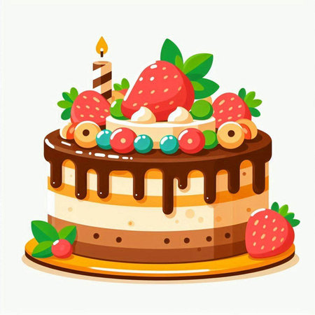 Birthday cake with strawberries, cream and candle. Vector illustration.のイラスト素材
