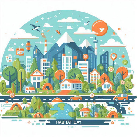 Vector illustration of a modern city landscape in flat style with buildings, roads, houses, trees and birds.のイラスト素材