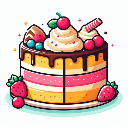 Cake with cream and berries on a white background. Vector illustration.のイラスト素材