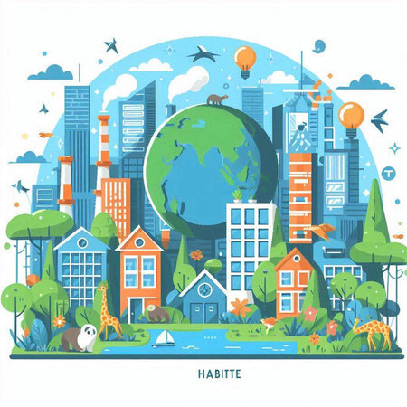 Ecology concept with green city. Vector illustration in flat style.のイラスト素材