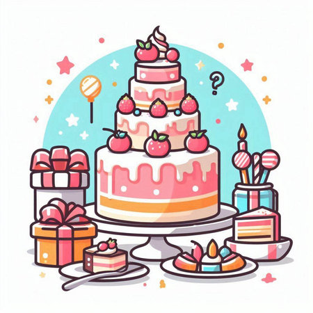 Birthday cake with candles, gift boxes and sweets. Vector illustration.のイラスト素材