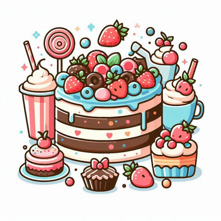 Colorful vector illustration of a cake and cupcake with berries.のイラスト素材