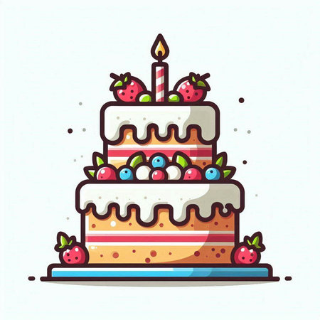 Birthday cake with candles and berries on white background. Vector illustration.のイラスト素材