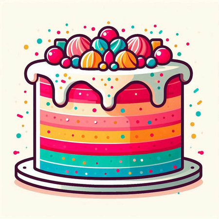 Colorful birthday cake with candies and sprinkles. Vector illustration.のイラスト素材