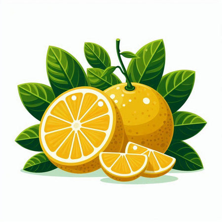 Orange fruit with leaves isolated on white background. Vector cartoon illustration.のイラスト素材