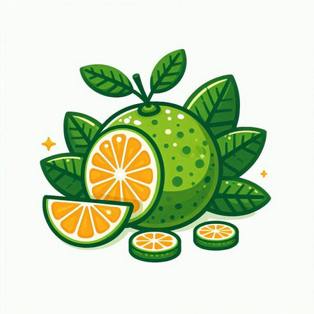 Citrus fruit icon with green leaves and orange slice isolated on white backgroundのイラスト素材