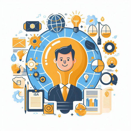 Businessman with lightbulb. Flat design vector illustration. Business conceptのイラスト素材