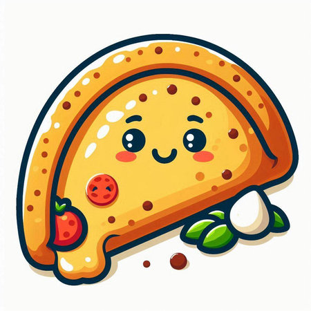 Illustration of a Cute Pizza Cartoon Character with Strawberry on White Backgroundのイラスト素材