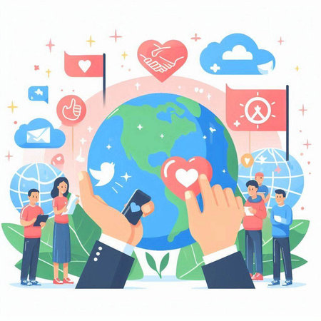 Social media concept. Flat vector illustration of people with social media icons around globe.のイラスト素材