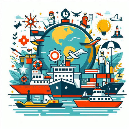Vector illustration of the sea transportation and travel around the world. Colorful flat line art design.のイラスト素材