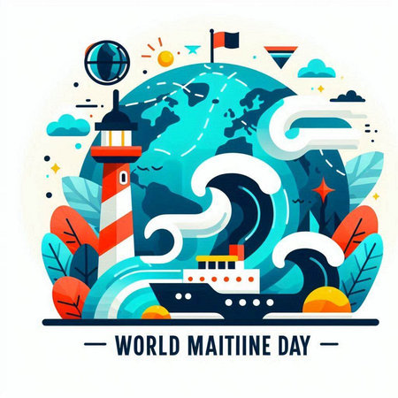 World Maritime Day. Vector illustration in flat design style. Lighthouse, ship, cruise ship, world map.のイラスト素材