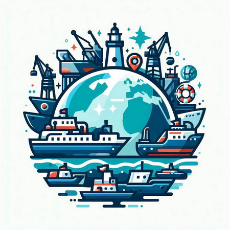 Vector illustration of the world with ships and ships. Line art.のイラスト素材