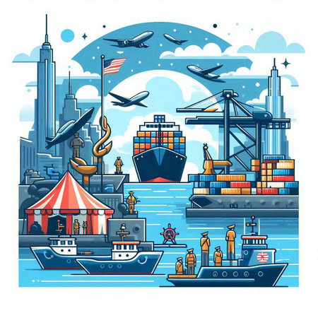 Vector illustration of a seaport with a lot of ships, boats and containersのイラスト素材